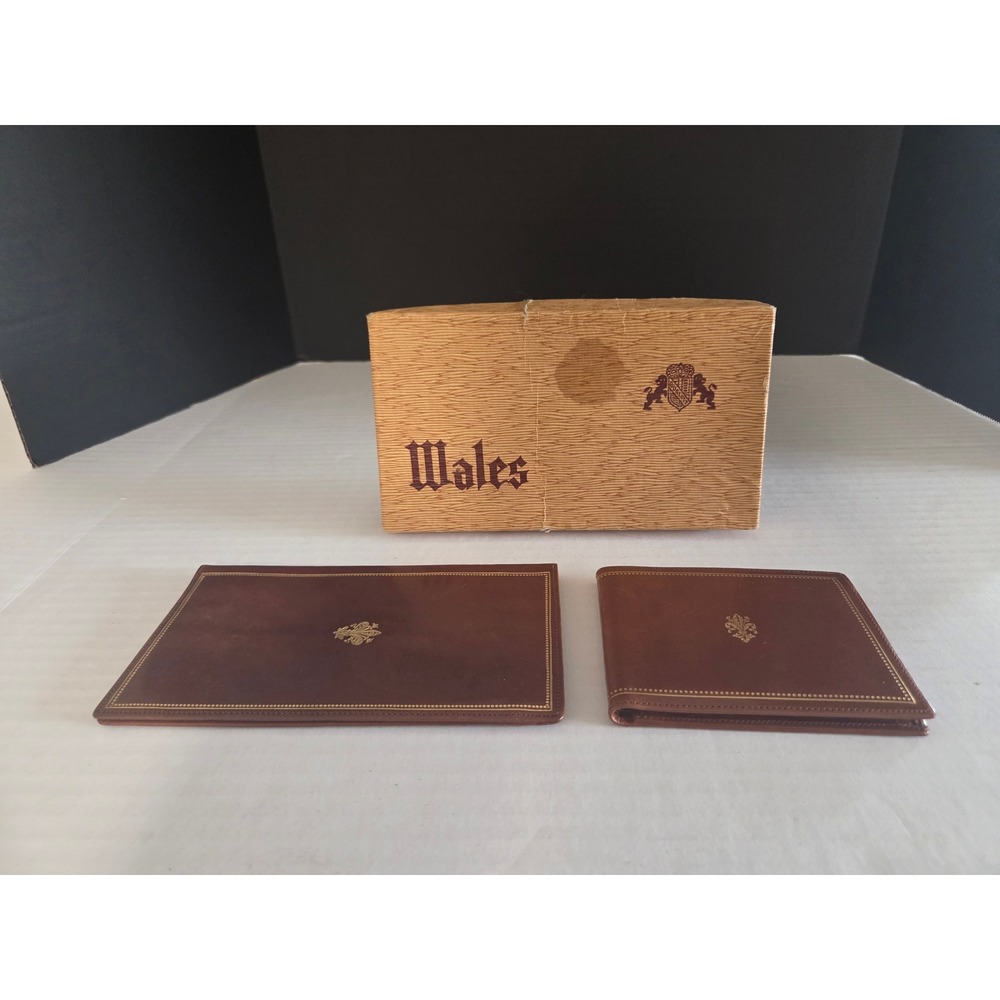 Vintage Wales Brown Leather Bifold Wallet and Checkbook Cover Set with Box